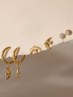 New! Gold Bird Huggie Hoop Stud 6 Pc Earring Set Ear Stack Gold Plated • NWOT
